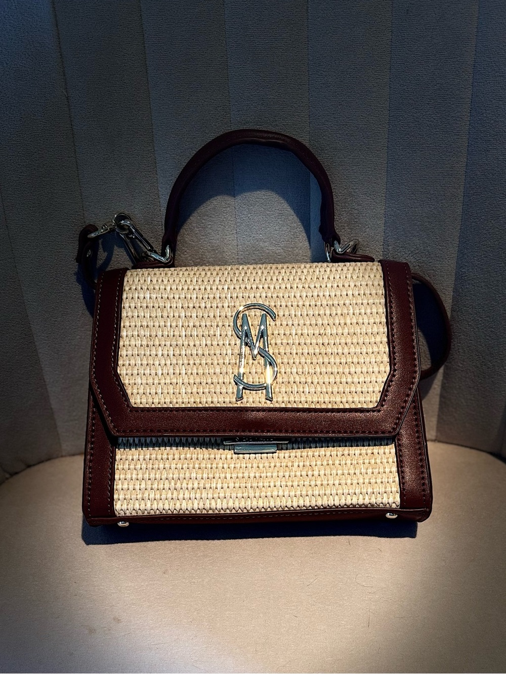 Steve Madden Cream Woven Satchel with Brown Trim